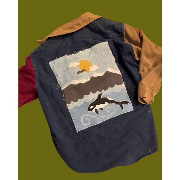 Handmade Tops - XL Upcycled Cotton Shirt Landscape Orca Granola